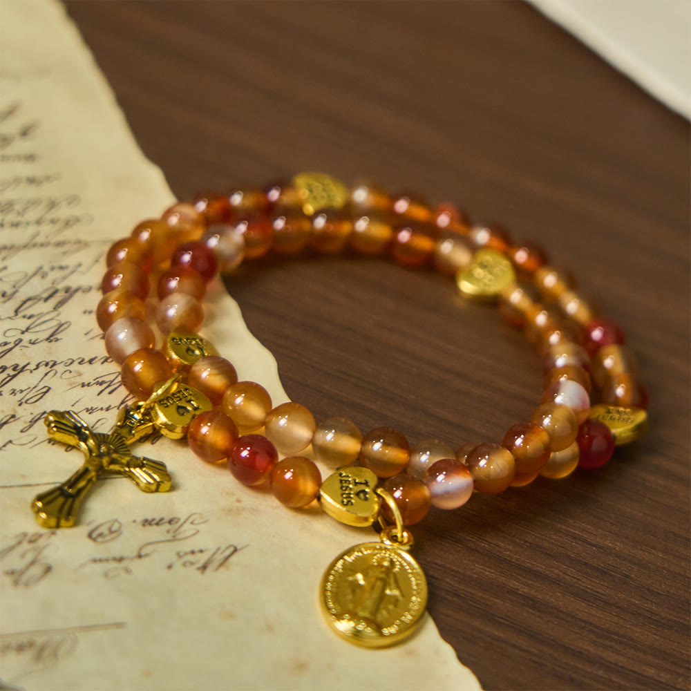 Warm Caramel Rosary Bracelet with JESUS Accent & Our Lady Faith