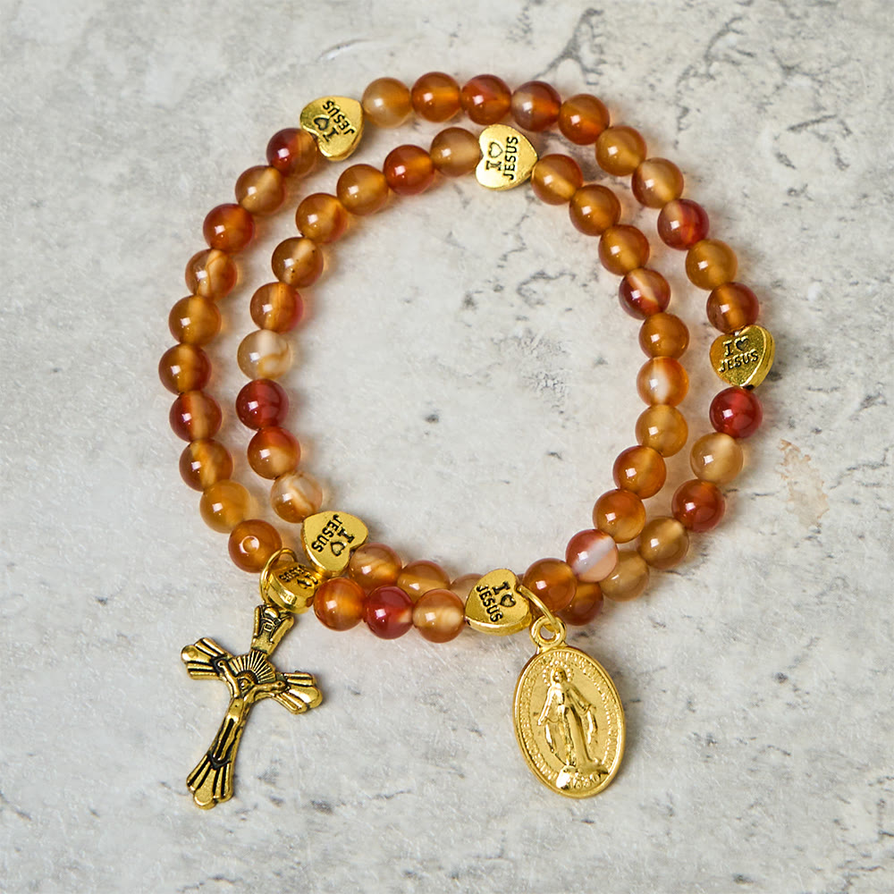 Warm Caramel Rosary Bracelet with JESUS Accent & Our Lady Faith