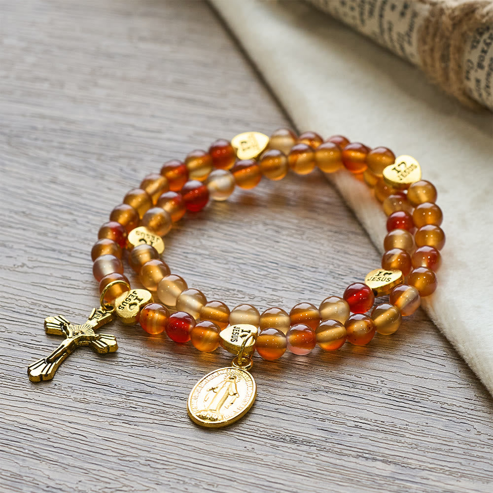 Warm Caramel Rosary Bracelet with JESUS Accent & Our Lady Faith