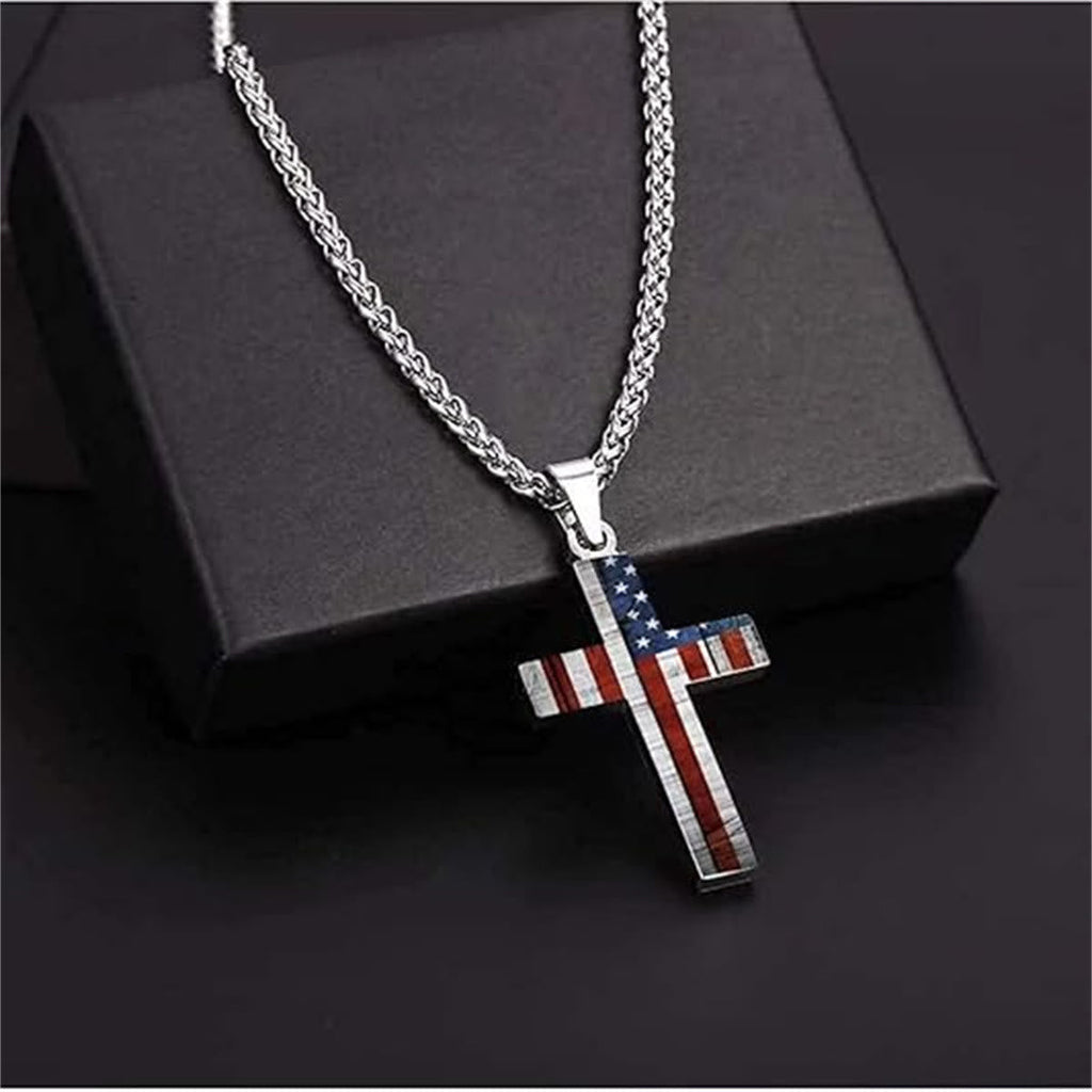 Metal Cross Necklace with American Flag Motif