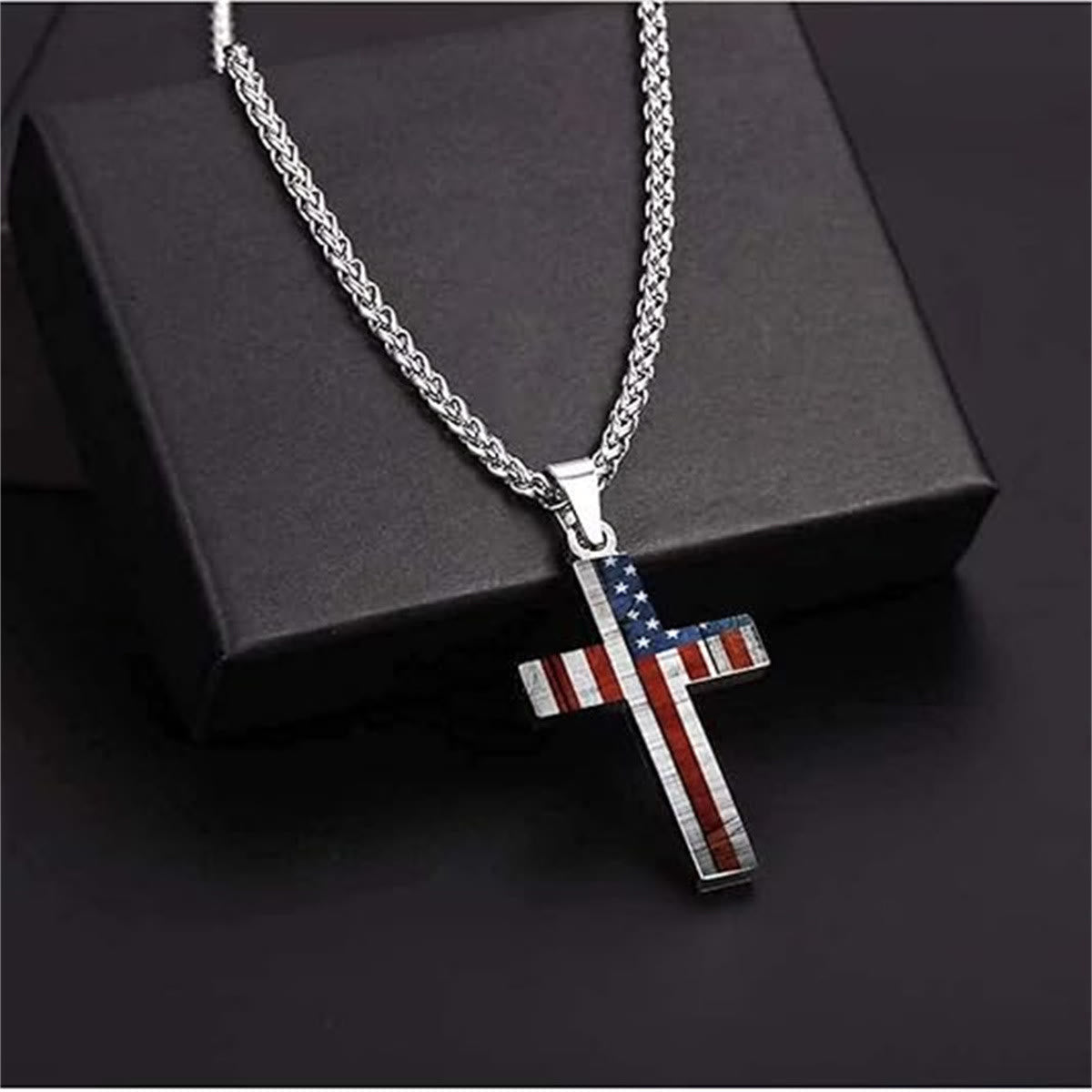Metal Cross Necklace with American Flag Motif
