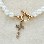 Elegant Beaded Strand Cross Charm Toggle Necklace