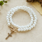 Elegant Beaded Strand Cross Charm Toggle Necklace