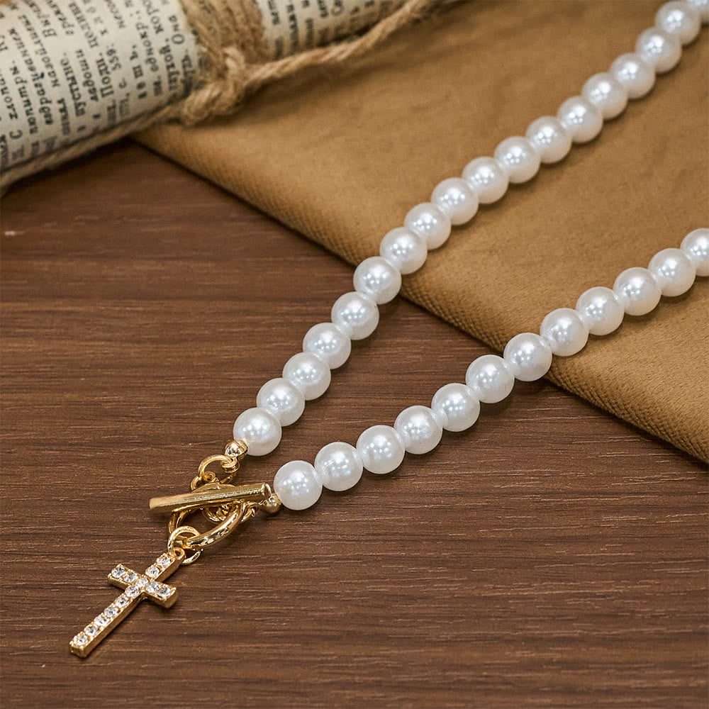 Elegant Beaded Strand Cross Charm Toggle Necklace