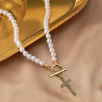 Elegant Beaded Strand Cross Charm Toggle Necklace