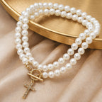 Elegant Beaded Strand Cross Charm Toggle Necklace