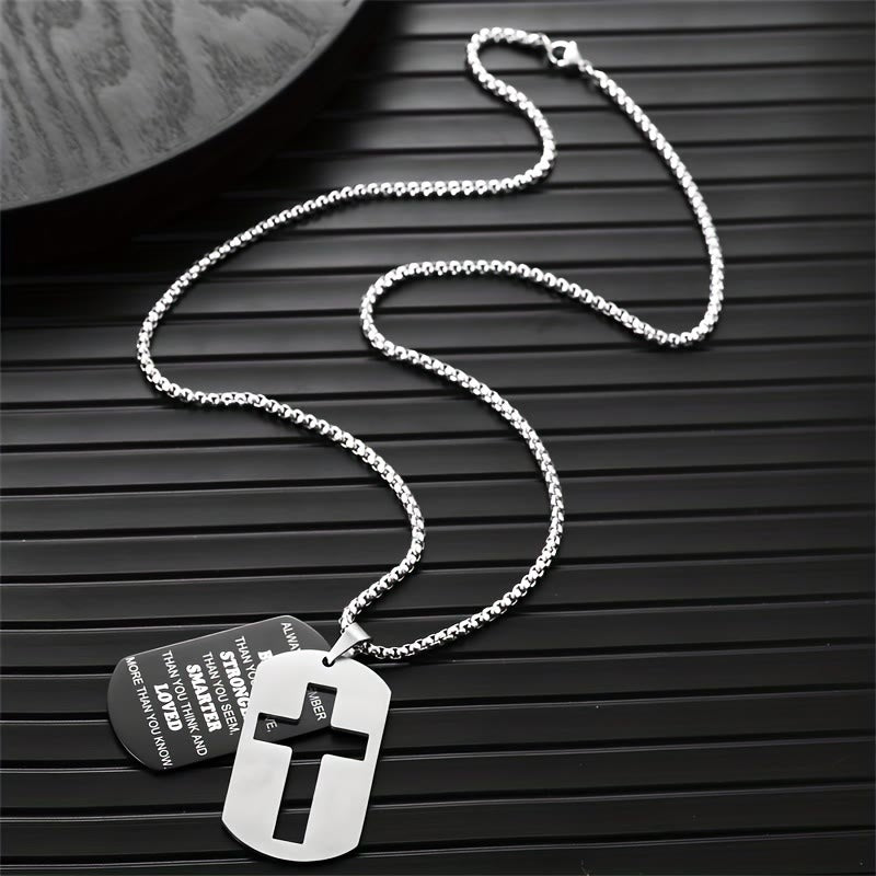 Polished Metal Cross Cutout & Engraved Verse Necklace