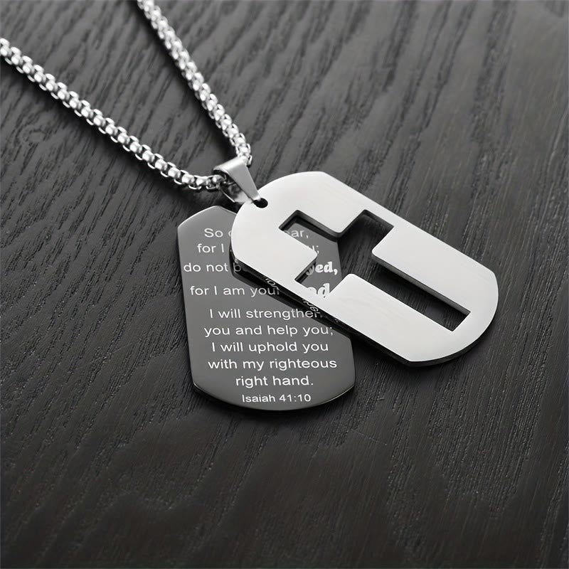 Polished Metal Cross Cutout & Engraved Verse Necklace
