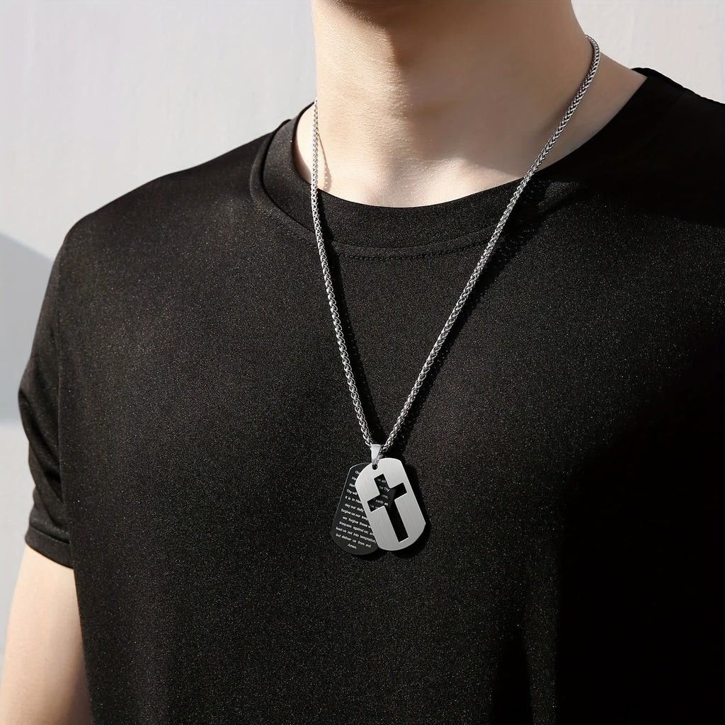 Polished Metal Cross Cutout & Engraved Verse Necklace
