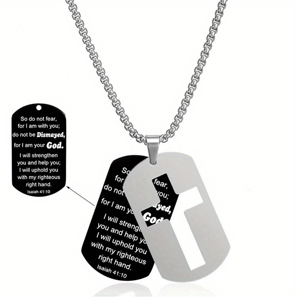 Polished Metal Cross Cutout & Engraved Verse Necklace