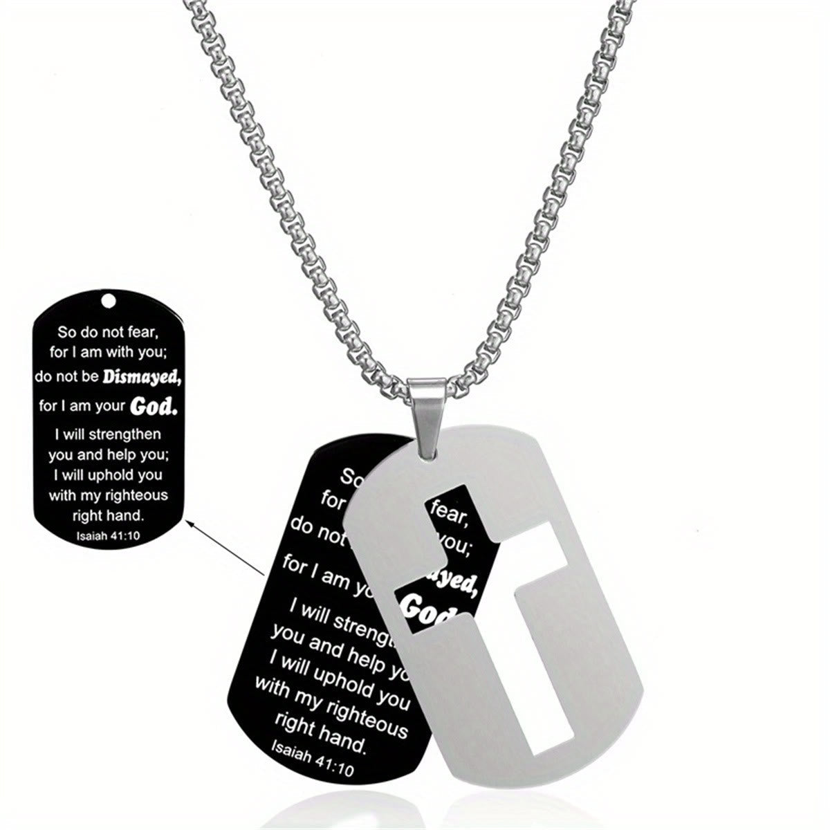 Polished Metal Cross Cutout & Engraved Verse Necklace