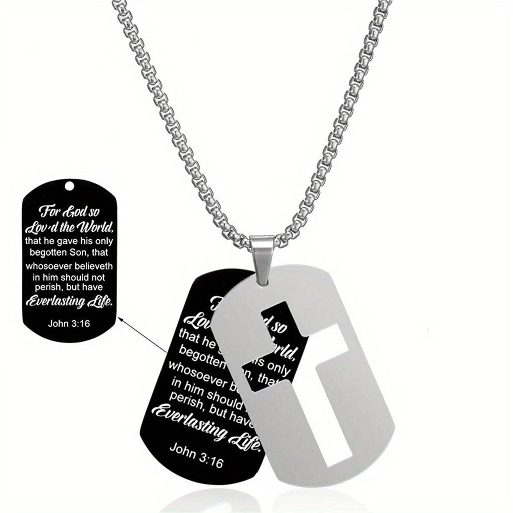 Polished Metal Cross Cutout & Engraved Verse Necklace