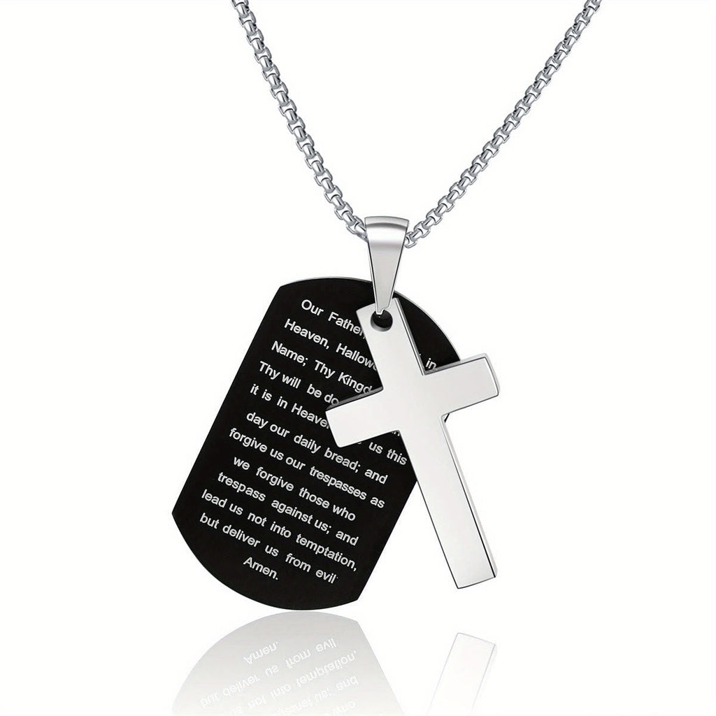 Polished Metal Cross Cutout & Engraved Verse Necklace