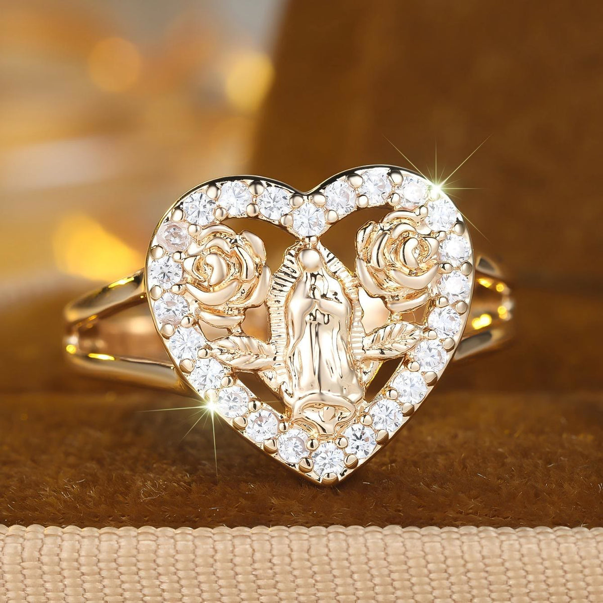 Heart-Shaped Our Lady Motif Ring with Rose Accents
