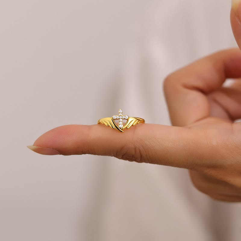 Silver Cross Wing Ring with Cubic Zirconia Accents