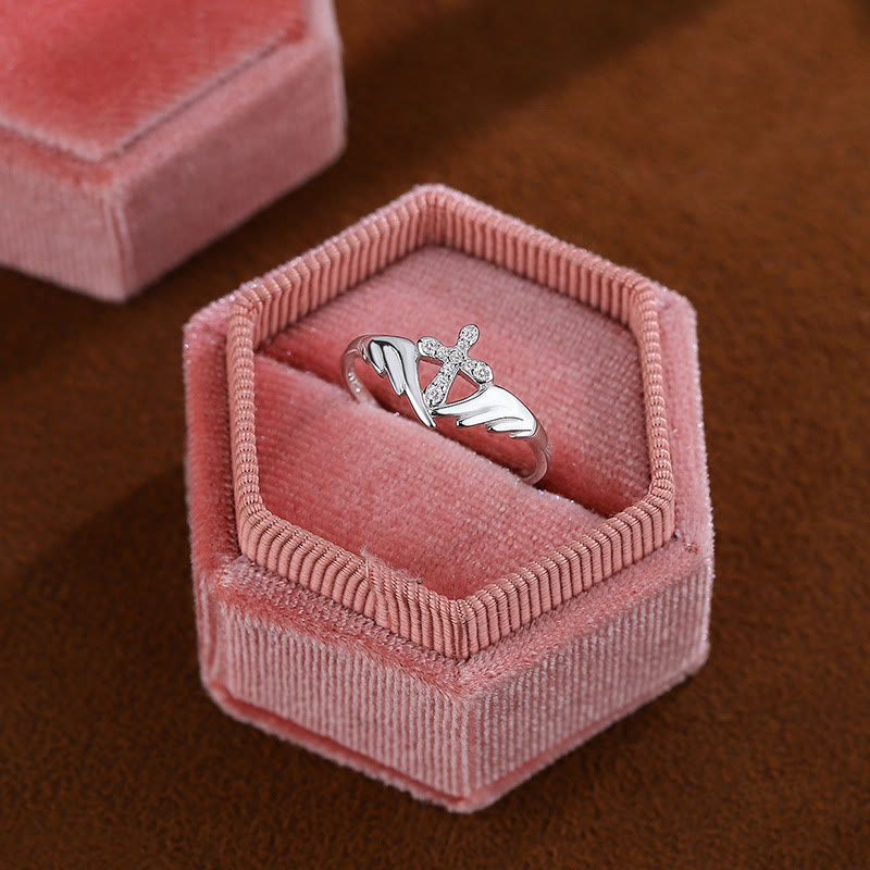 Silver Cross Wing Ring with Cubic Zirconia Accents
