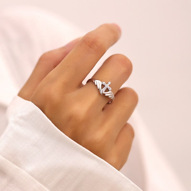 Silver Cross Wing Ring with Cubic Zirconia Accents