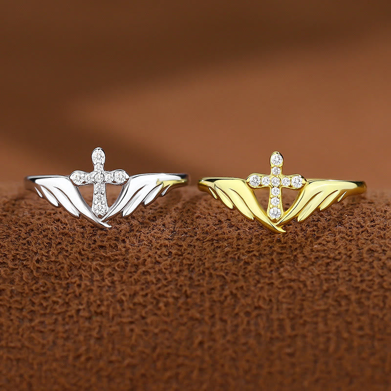 Silver Cross Wing Ring with Cubic Zirconia Accents