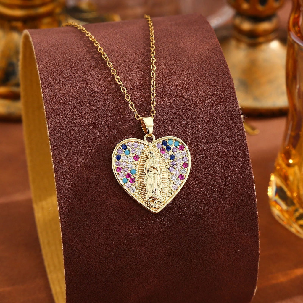 Radiant Our Lady Necklace with Heart-Frame Cubic Zirconia
