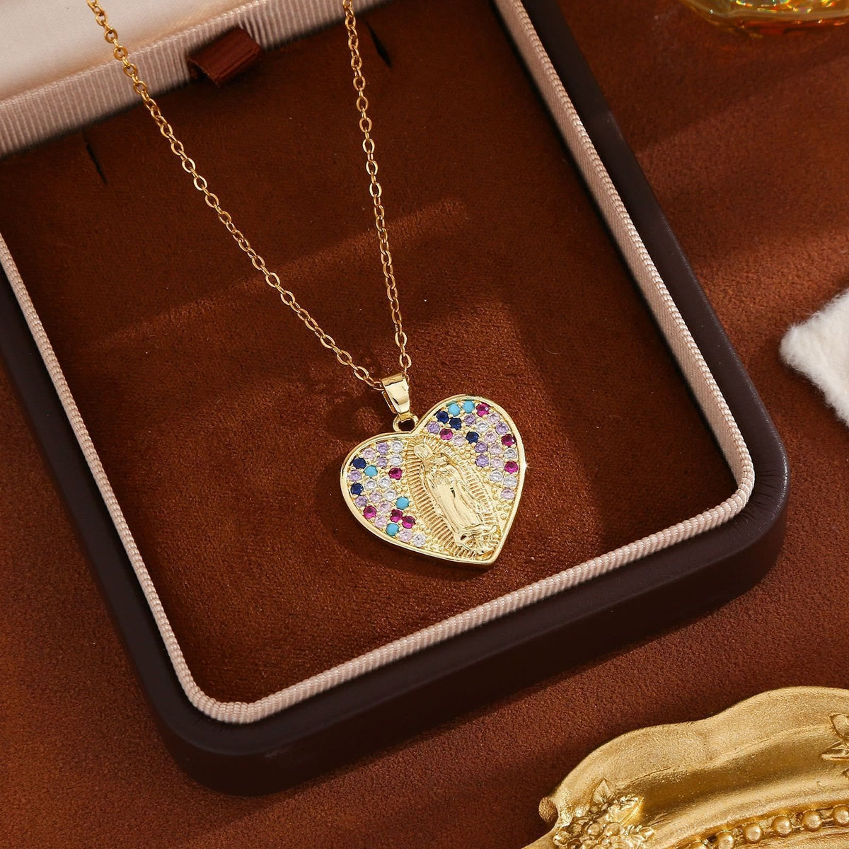 Radiant Our Lady Necklace with Heart-Frame Cubic Zirconia