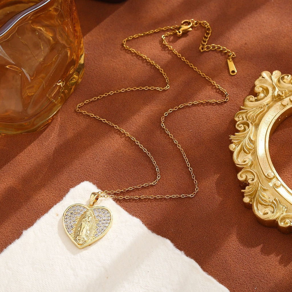 Radiant Our Lady Necklace with Heart-Frame Cubic Zirconia