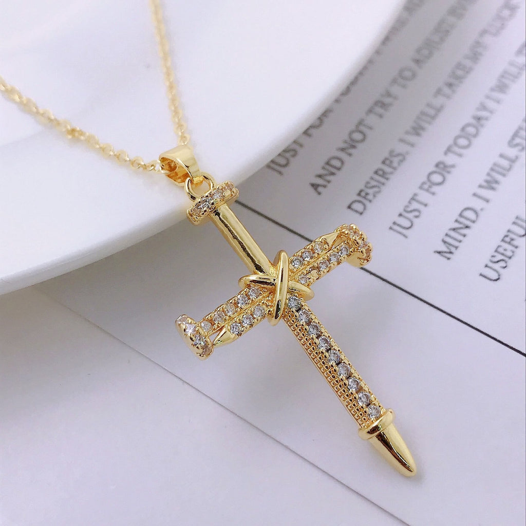 Nail-Inspired Cross Necklace with Cubic Zirconia