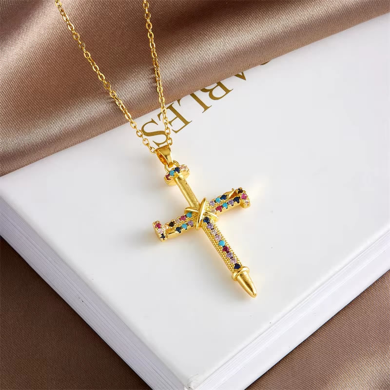 Nail-Inspired Cross Necklace with Cubic Zirconia