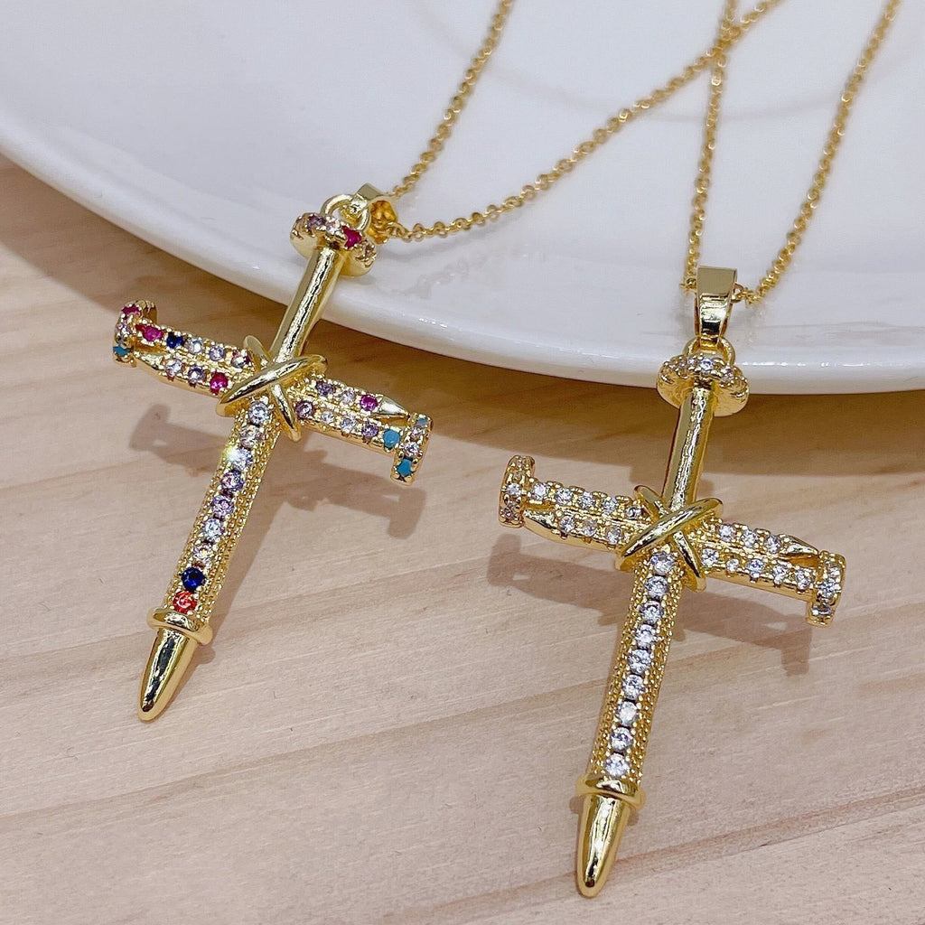 Nail-Inspired Cross Necklace with Cubic Zirconia