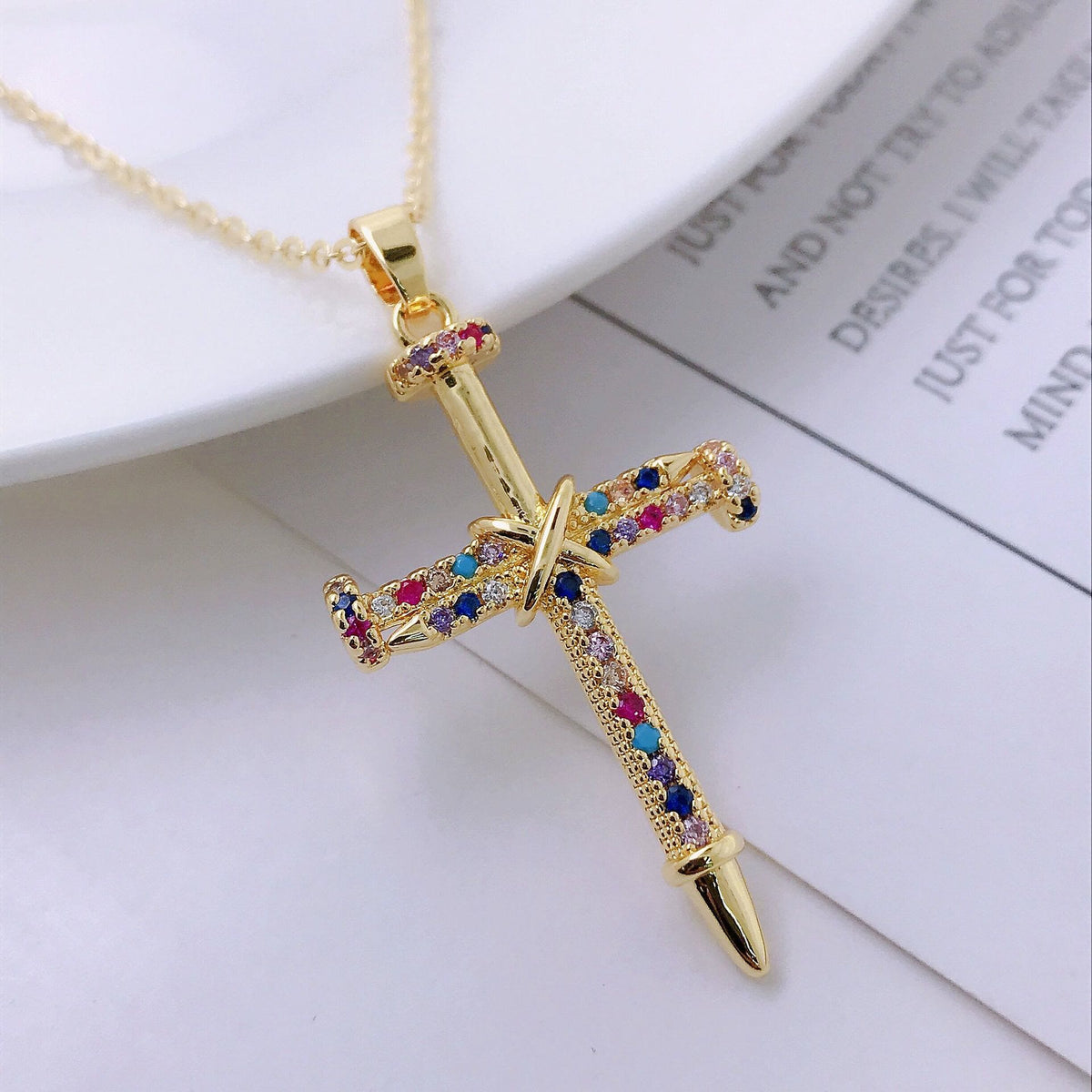 Nail-Inspired Cross Necklace with Cubic Zirconia