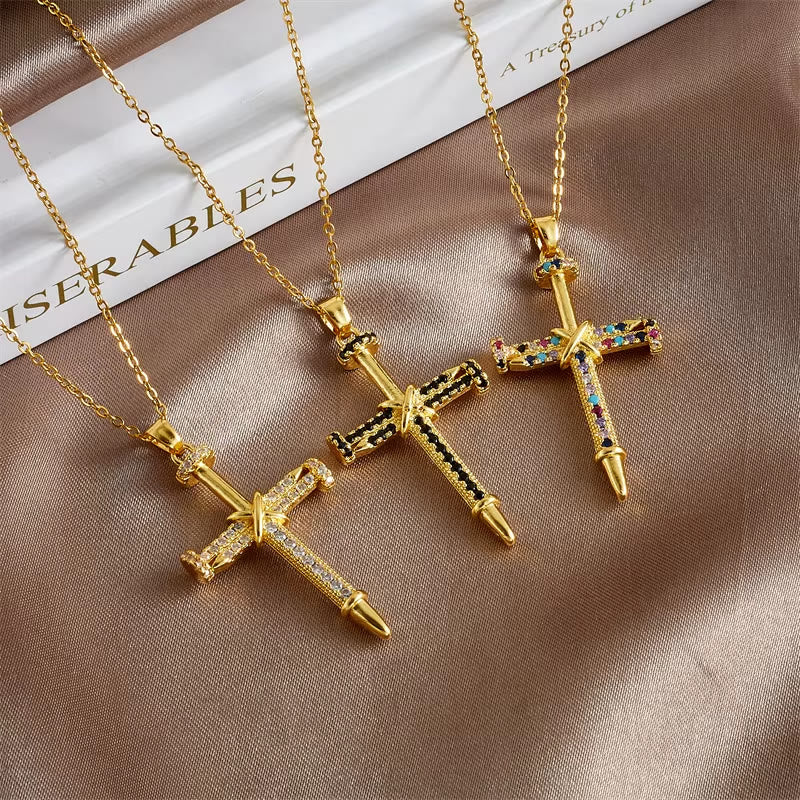 Nail-Inspired Cross Necklace with Cubic Zirconia
