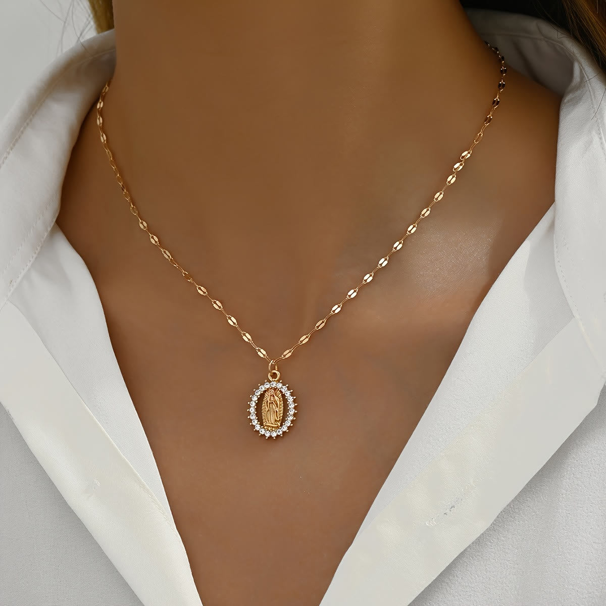 Oval Our Lady Necklace with Encircled Cubic Zirconia