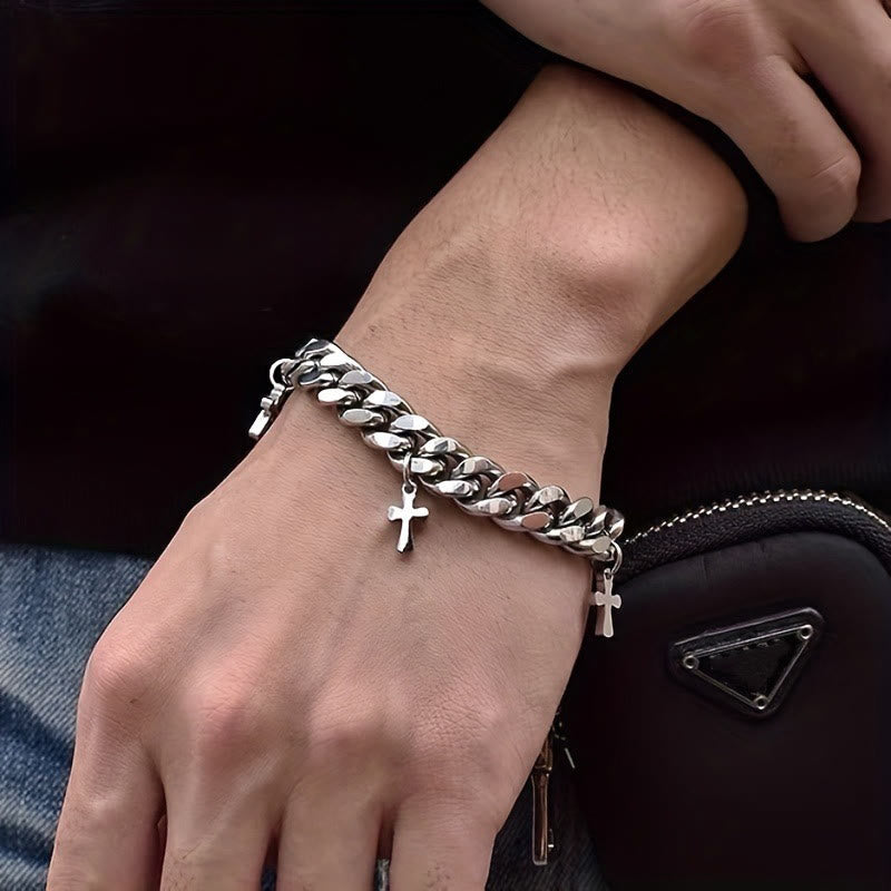 Curb Chain Bracelet with Dangling Cross Charms