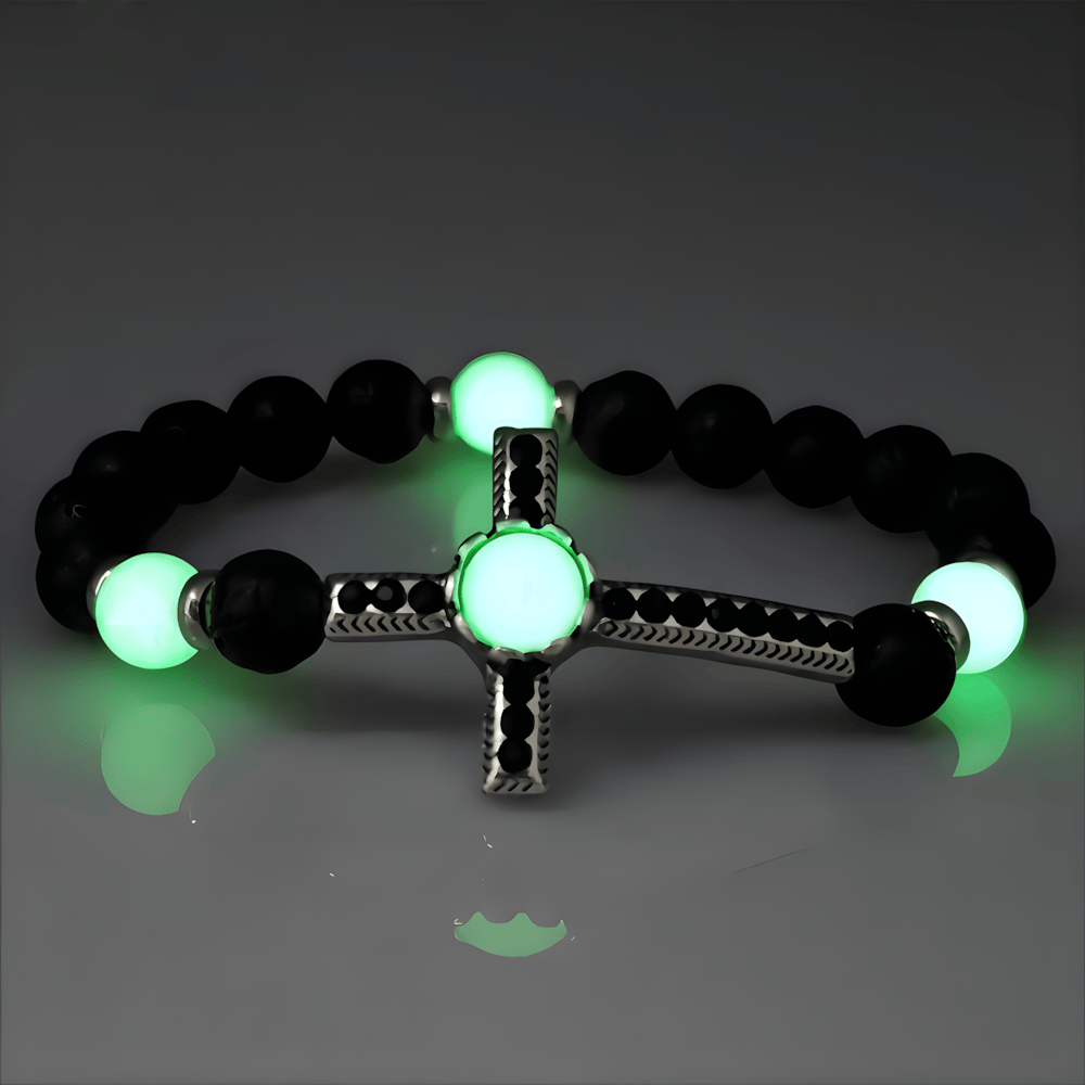 Volcanic Stone Bracelet with Glow-in-the-Dark Cross