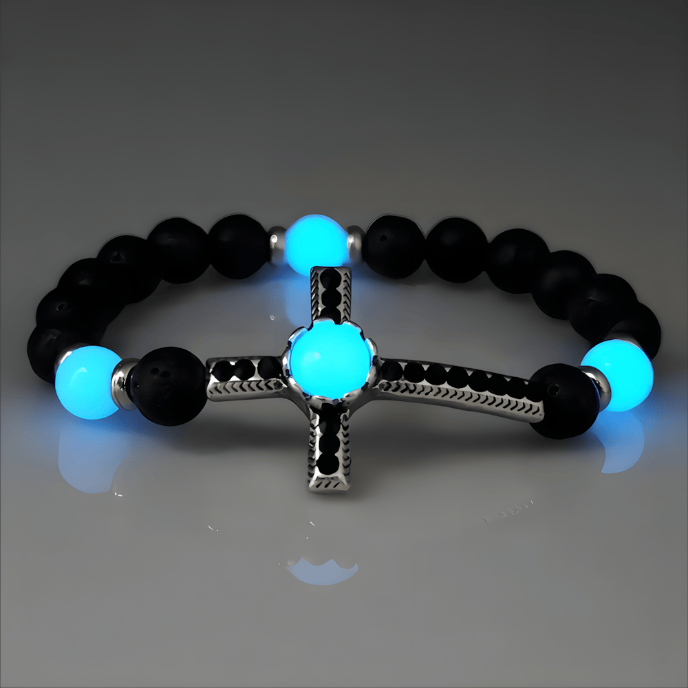 Volcanic Stone Bracelet with Glow-in-the-Dark Cross