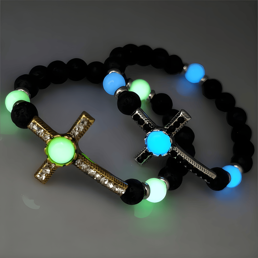 Volcanic Stone Bracelet with Glow-in-the-Dark Cross