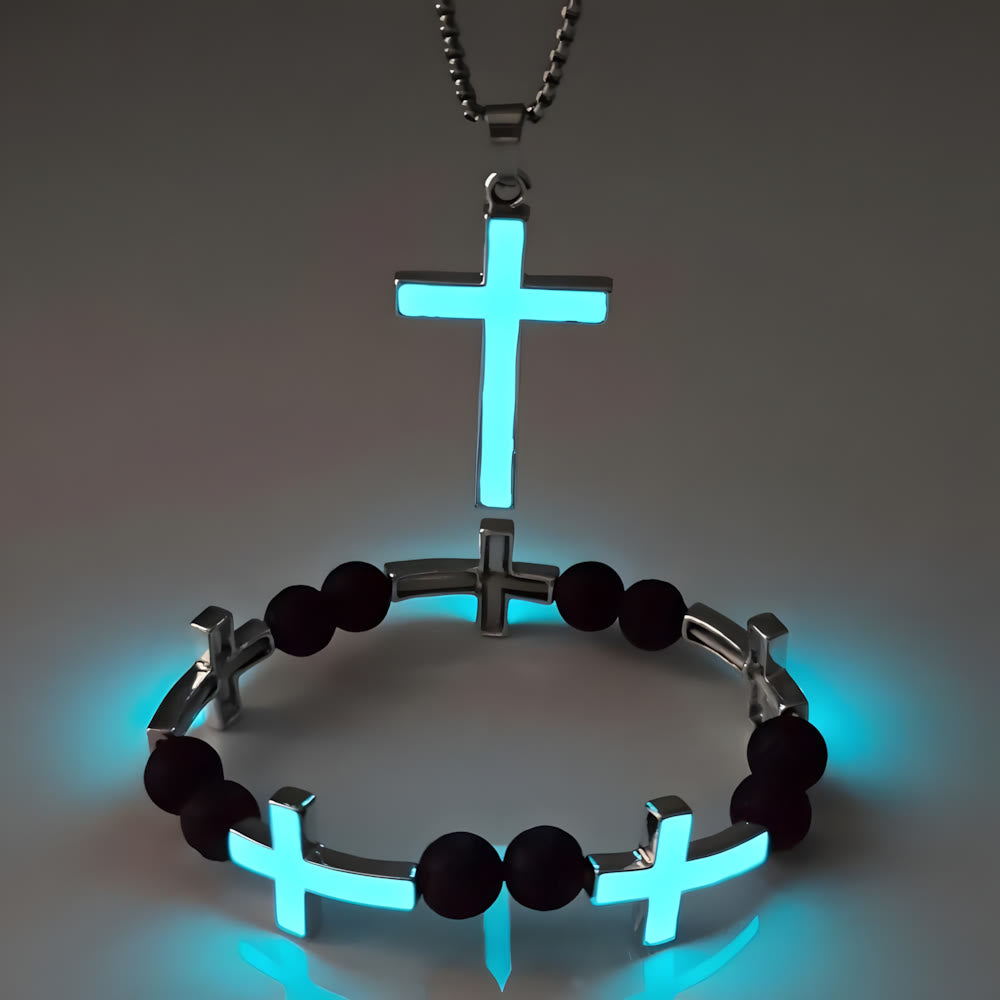 Luminous Cross Necklace & Beaded Bracelet Set