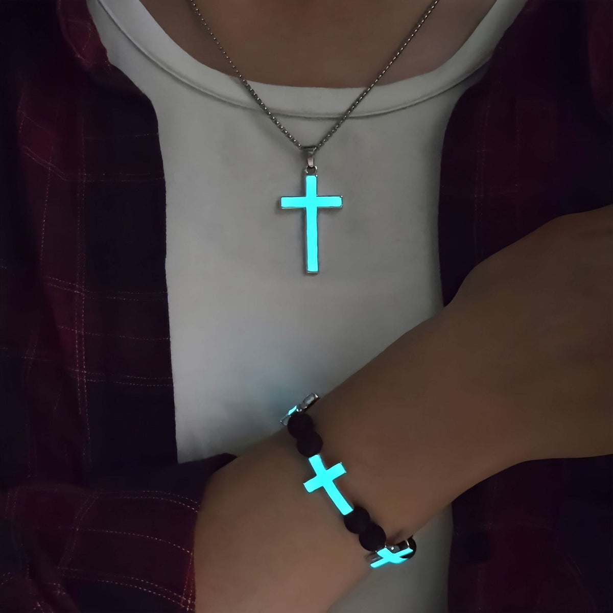 Luminous Cross Necklace & Beaded Bracelet Set