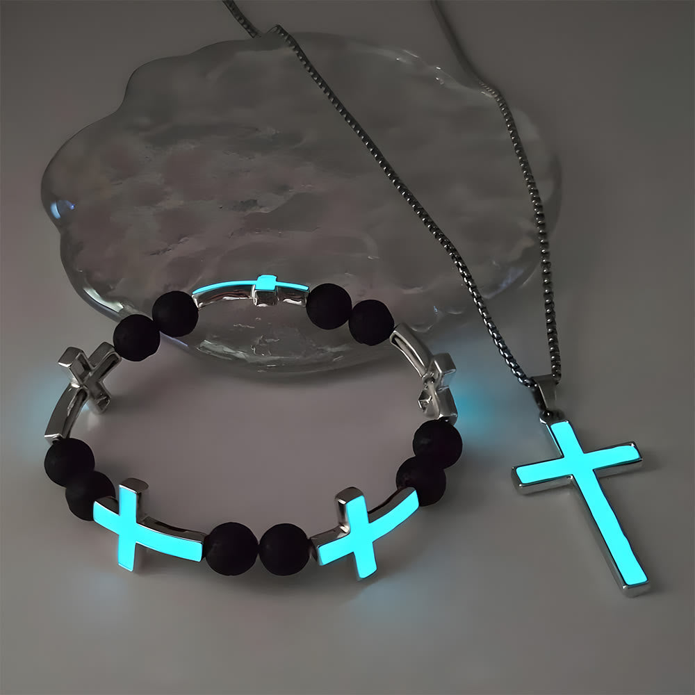 Luminous Cross Necklace & Beaded Bracelet Set