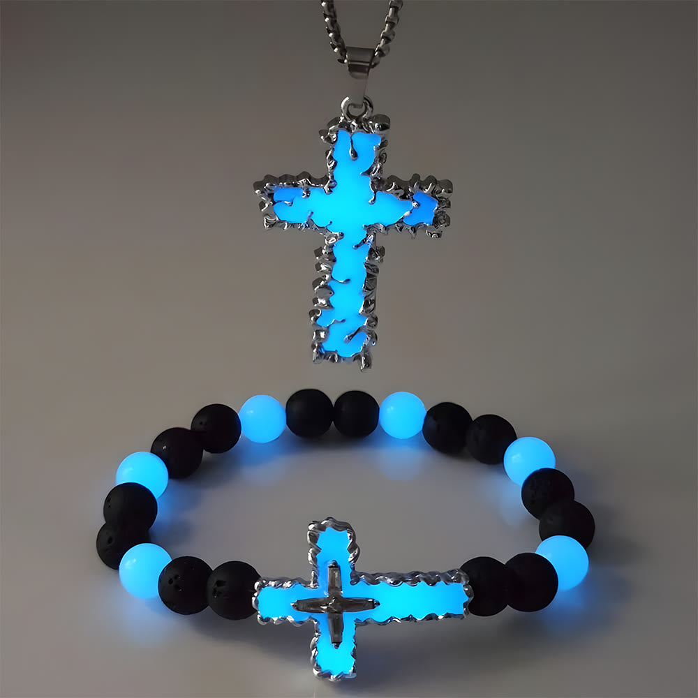 3-Color Luminous Cross Necklace & Beaded Bracelet Set