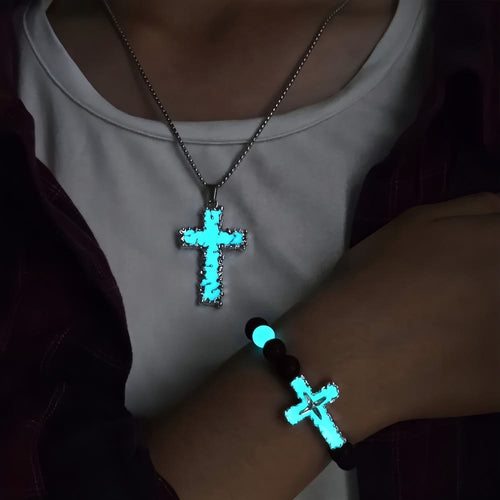 3-Color Luminous Cross Necklace & Beaded Bracelet Set