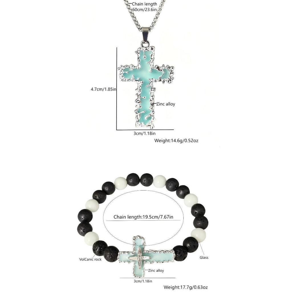 3-Color Luminous Cross Necklace & Beaded Bracelet Set