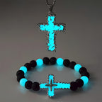 3-Color Luminous Cross Necklace & Beaded Bracelet Set