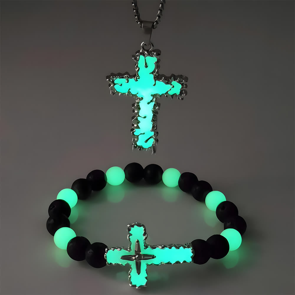 3-Color Luminous Cross Necklace & Beaded Bracelet Set