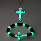 3-Color Luminous Cross Necklace & Beaded Bracelet Set