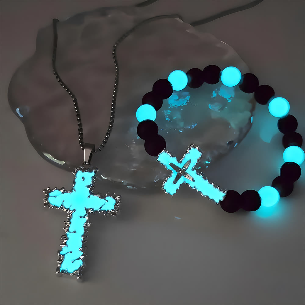 3-Color Luminous Cross Necklace & Beaded Bracelet Set