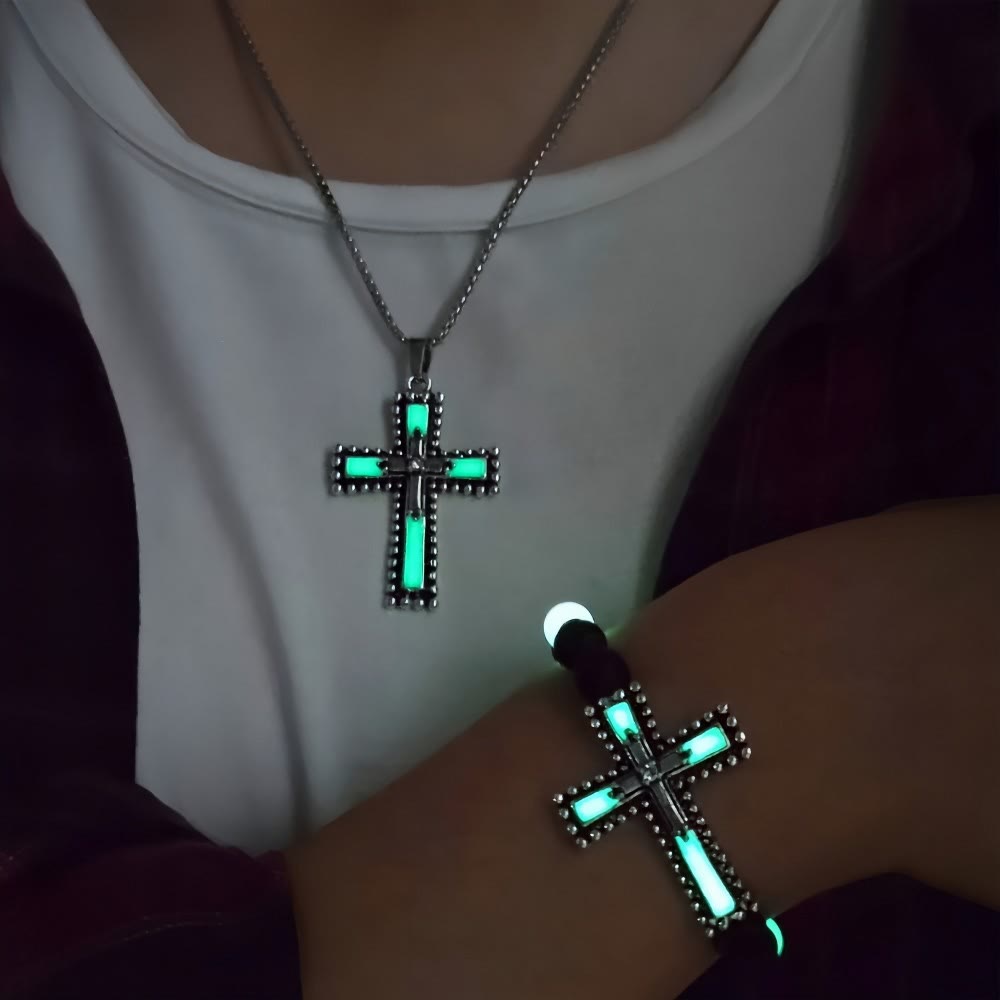 Glow-in-the-Dark Cross Jewelry Set with Volcanic Stone