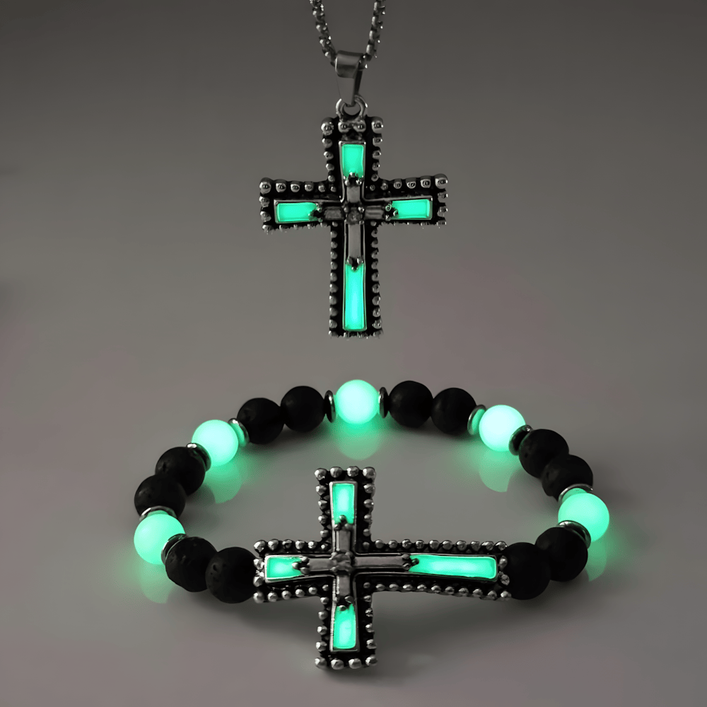 Glow-in-the-Dark Cross Jewelry Set with Volcanic Stone