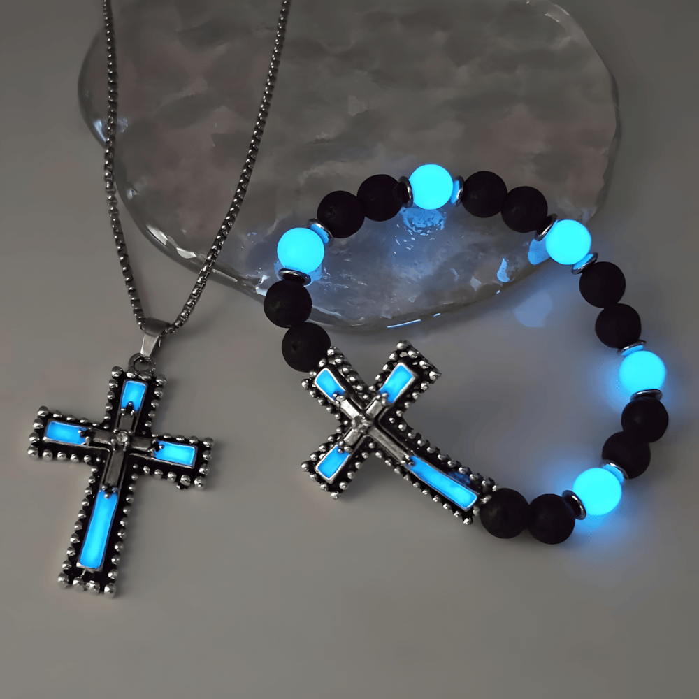 Glow-in-the-Dark Cross Jewelry Set with Volcanic Stone
