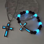 Glow-in-the-Dark Cross Jewelry Set with Volcanic Stone
