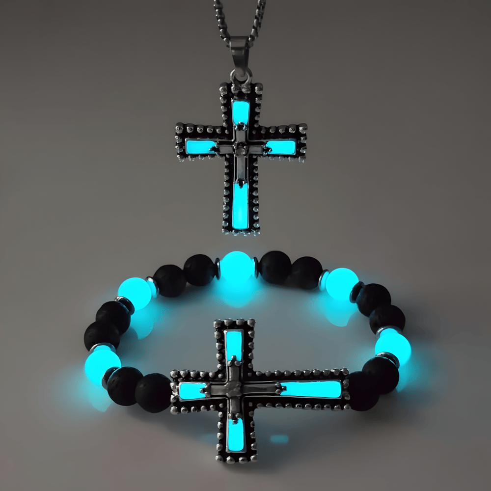 Glow-in-the-Dark Cross Jewelry Set with Volcanic Stone